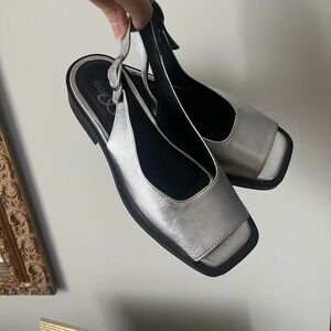 Silver‎ Black Square Toe Slingback Short Heel Women 7 Y2K 00s Party Retro Glam